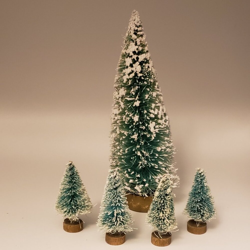 5 Bottlebrush Christmas Tree Evergreen Pine Green Flocked Snow Wood Base Midwest